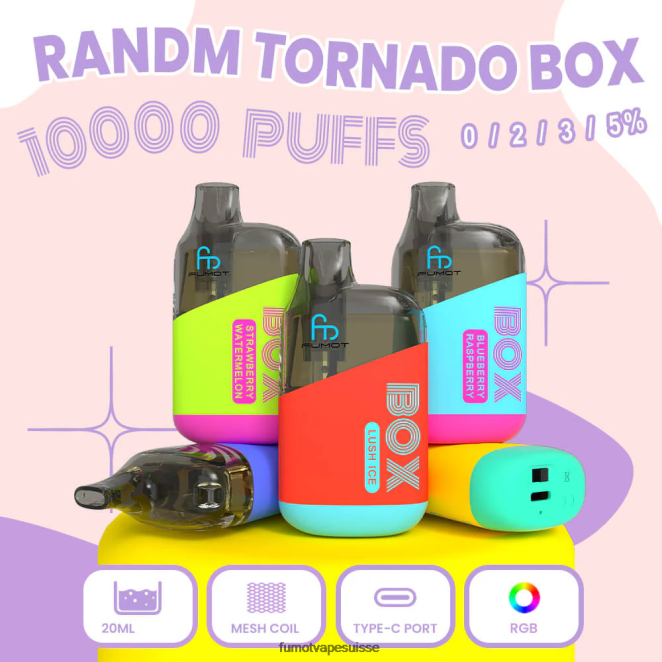 Fumot Tornado boîte 10000 vape pod jetable - 20ml (1 pièce) 24LD347 glace aux myrtilles - Fumot Puff Avis
